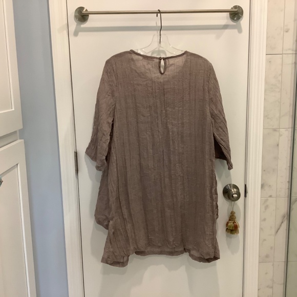 NANA KO NanaKo lightweight tan Langenlook crinkled tunic top w/ pockets M L - Picture 2 of 7